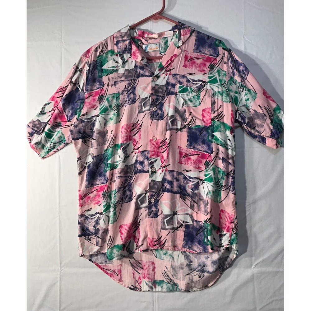 Vintage Islander Abstract Geometric Print Button Down Shirt Pink Mens Medium